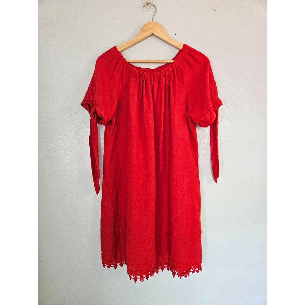 LUNGO L'ARNO Red Linen Dress Lrg Short Tie Sleeves Lace Trim Off Shoulder Italy